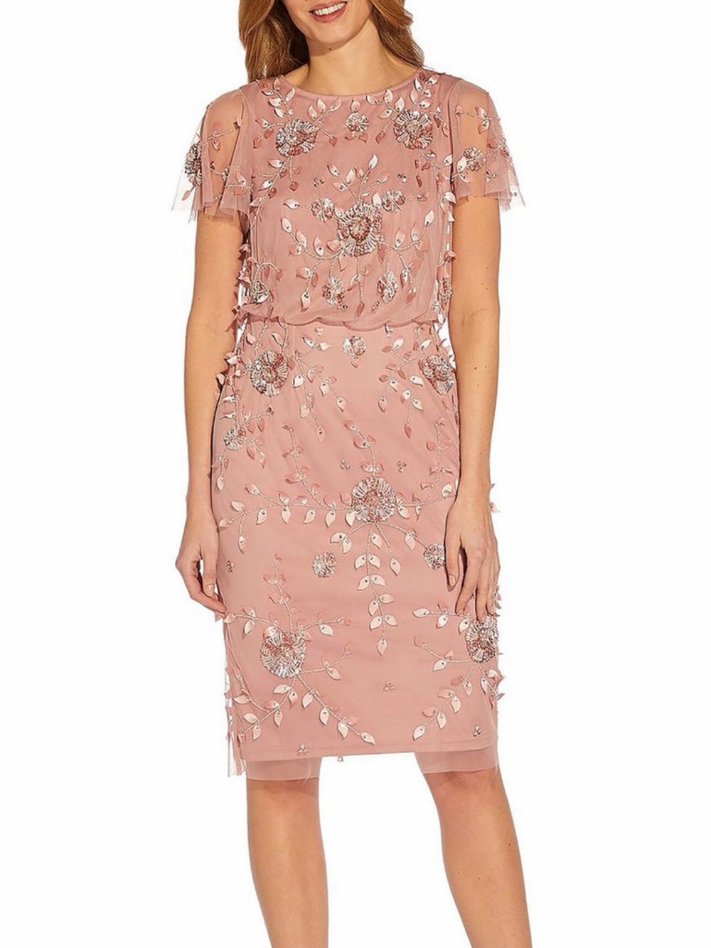 Adrianna Papell Hand Beaded Blouson Dress Rose Quartz Cocktail Formal Size 2
